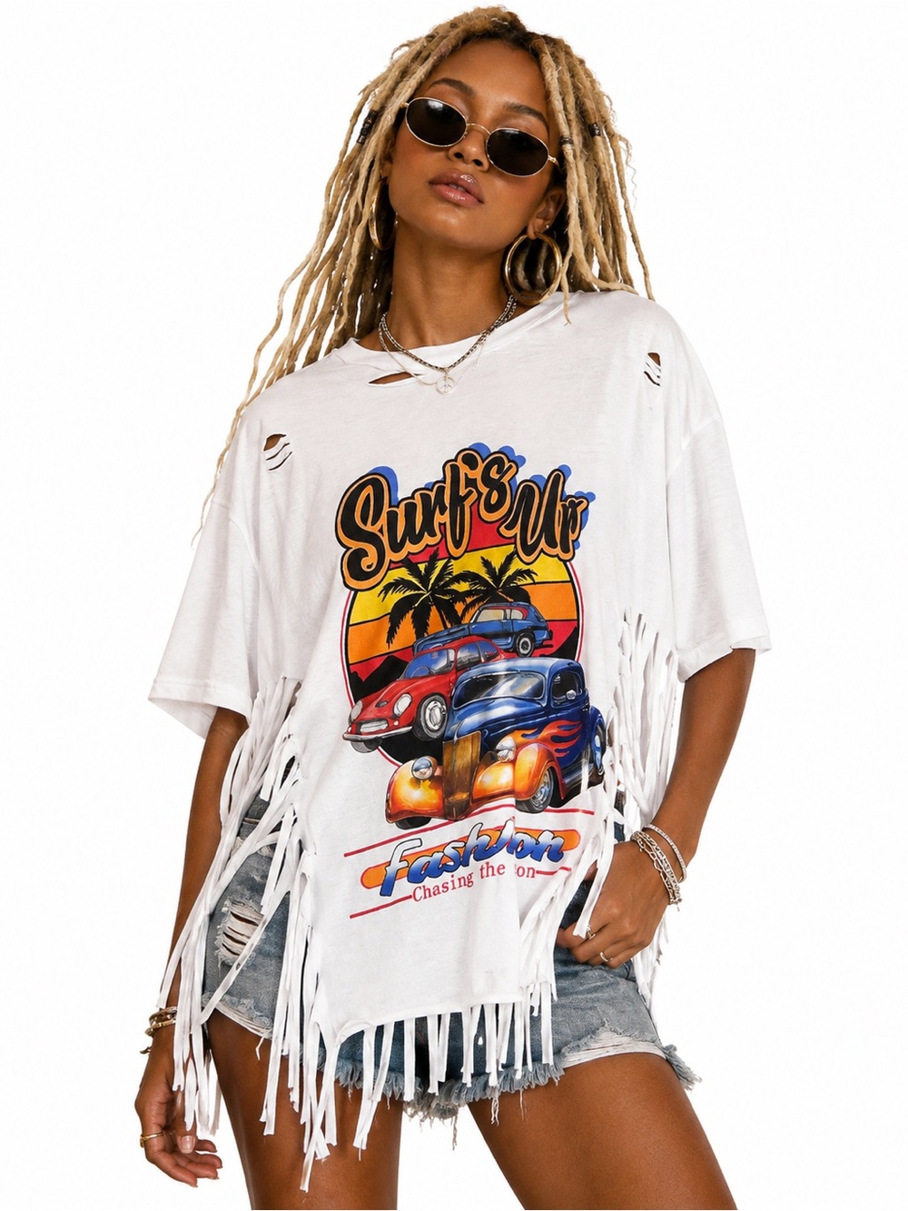 Women’s upcycle White 'Surf's Up' Graphic Fringe Tee size L